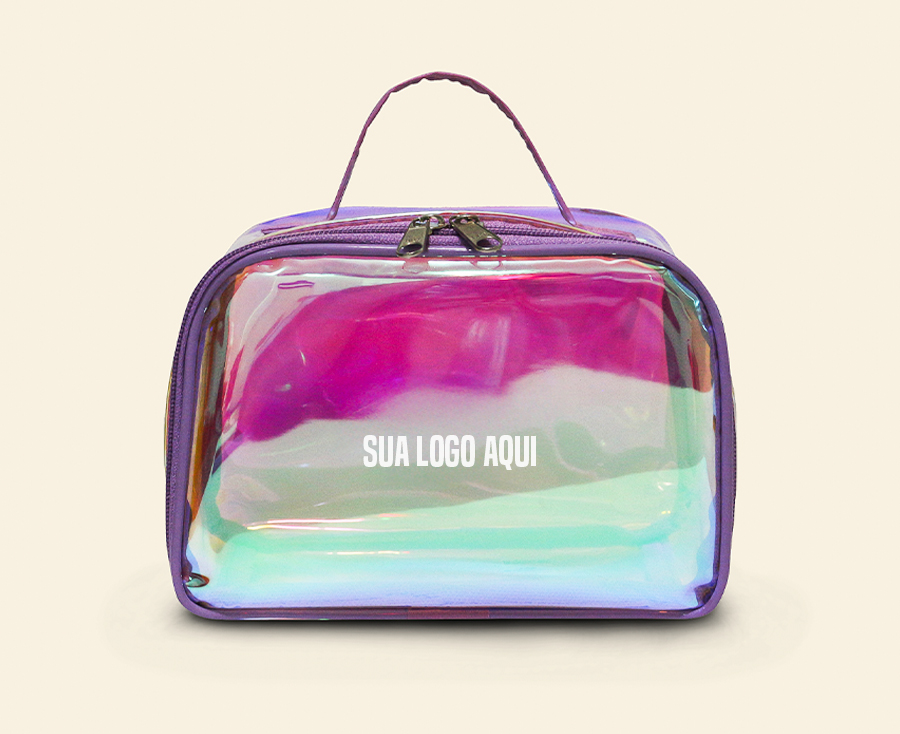Necessaire transparente com efeito holográfico e alça roxa