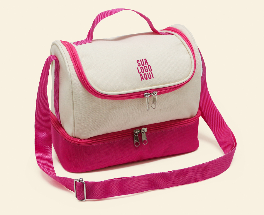 Bolsa personalizada bege e rosa com bolso inferior