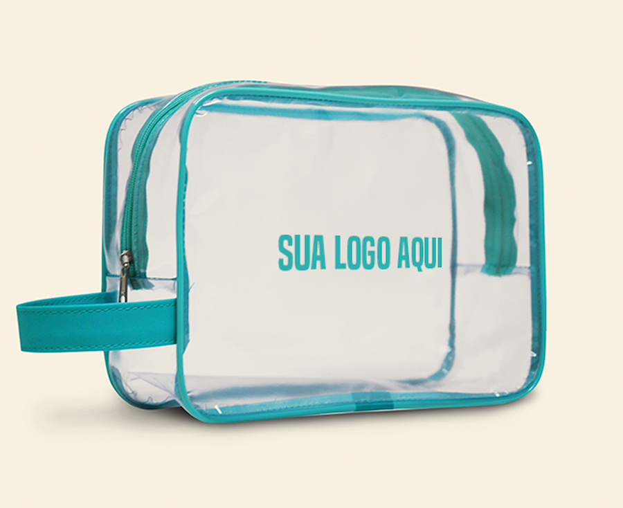 Necessaire transparente com detalhes verde água e alça lateral