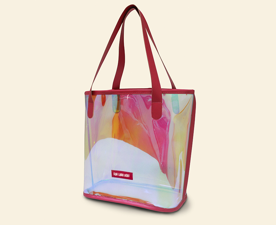 Sacola personalizada em PVC holográfico colorido com alça rosa resistente