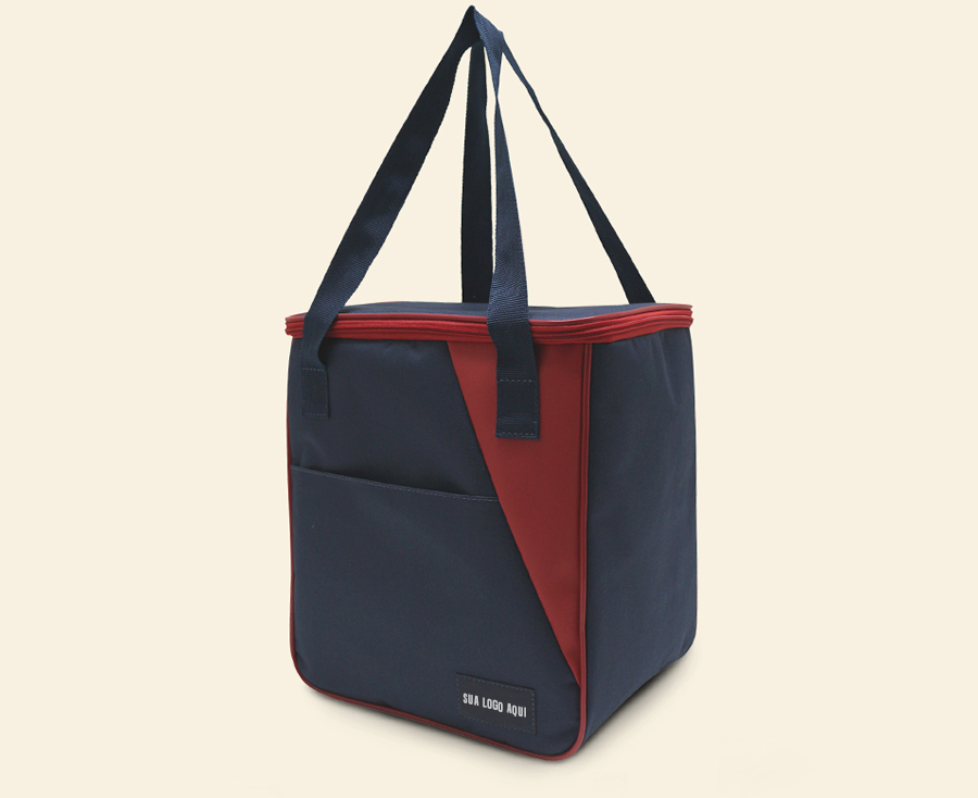 Bolsa térmica promocional azul e vermelha com bolso frontal