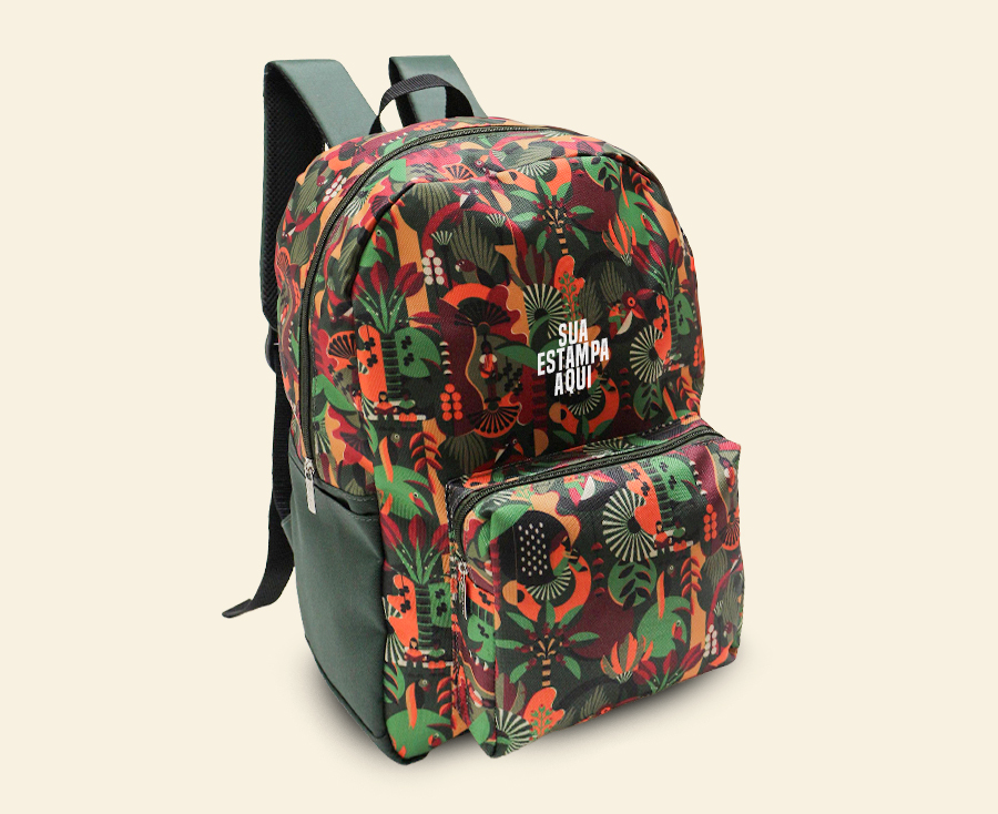 Mochila estampada tropical com bolso frontal