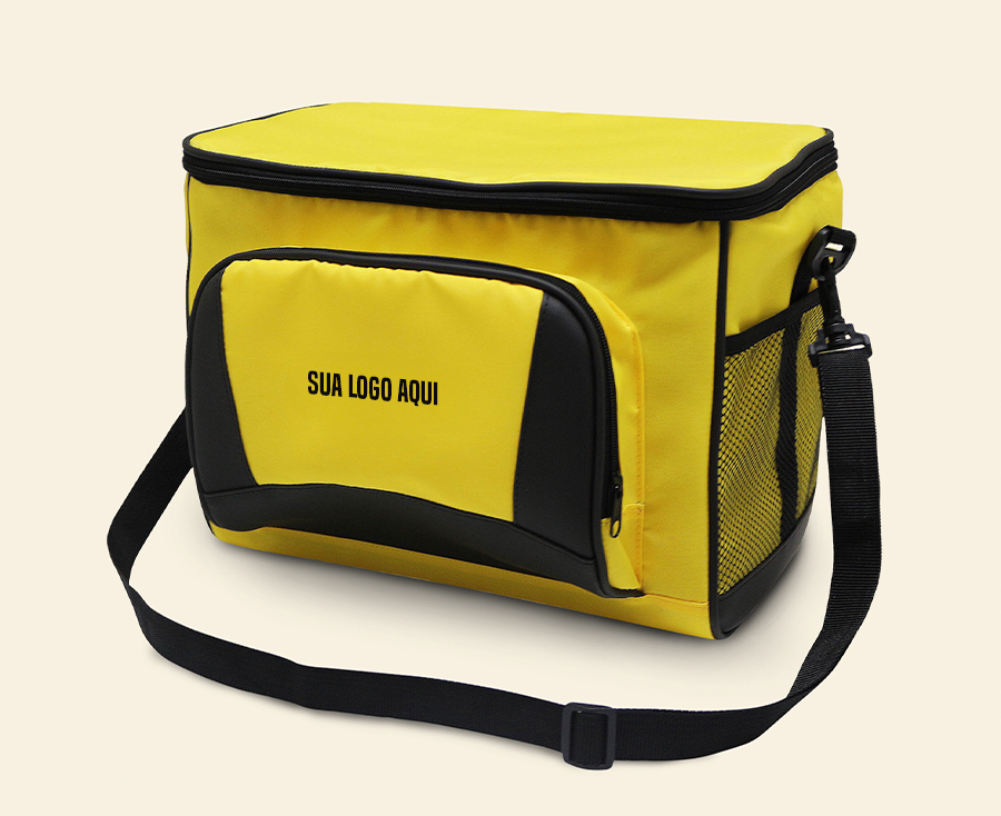 Bolsa térmica personalizada com alça lateral e bolso externo