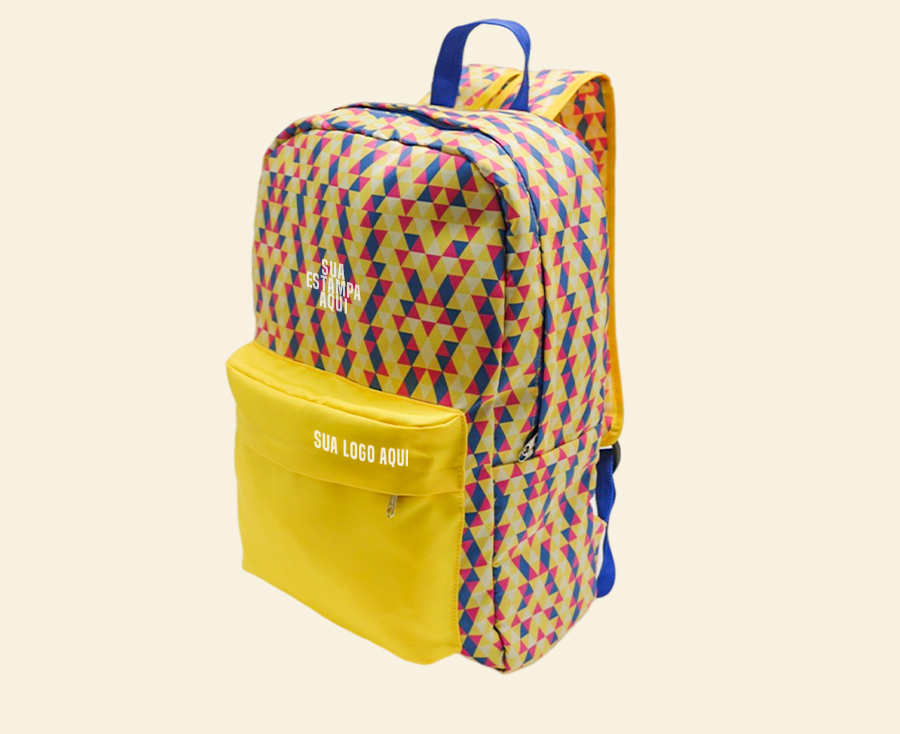 Mochila estampada geométrica com bolso amarelo