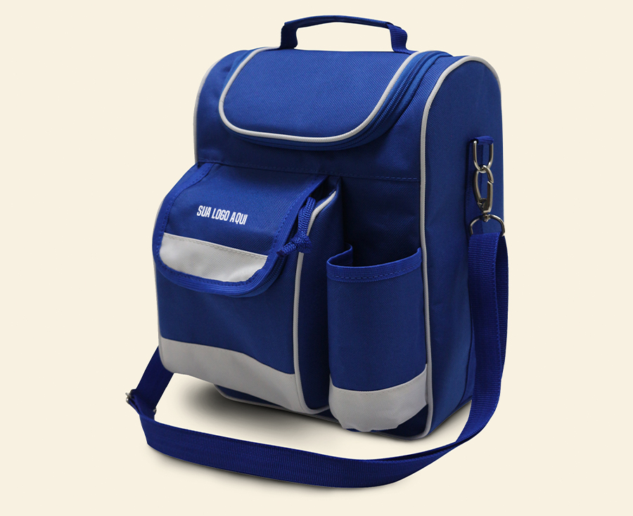 Bolsa térmica personalizada azul e cinza com alça lateral