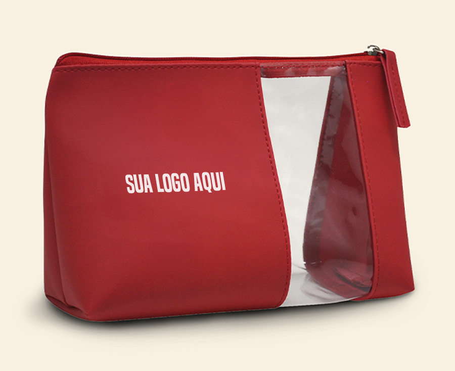 Necessaire vermelha com visor transparente lateral e zíper