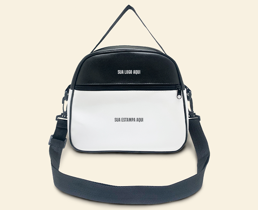 Bolsa preta e branca personalizada com bolso frontal