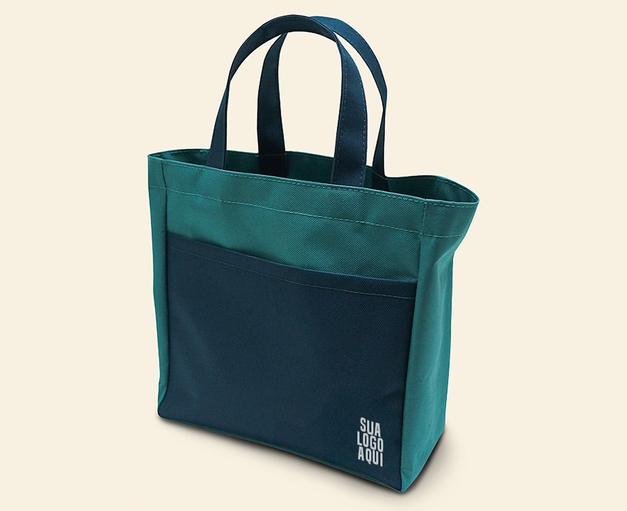 Sacola bicolor personalizada em tecido com bolso externo