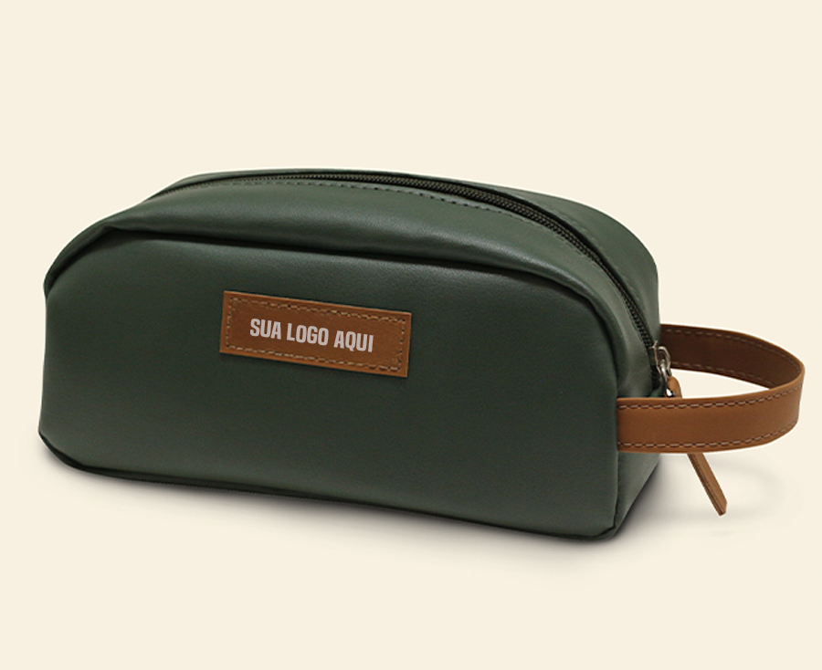 Necessaire verde militar com zíper e alça marrom lateral