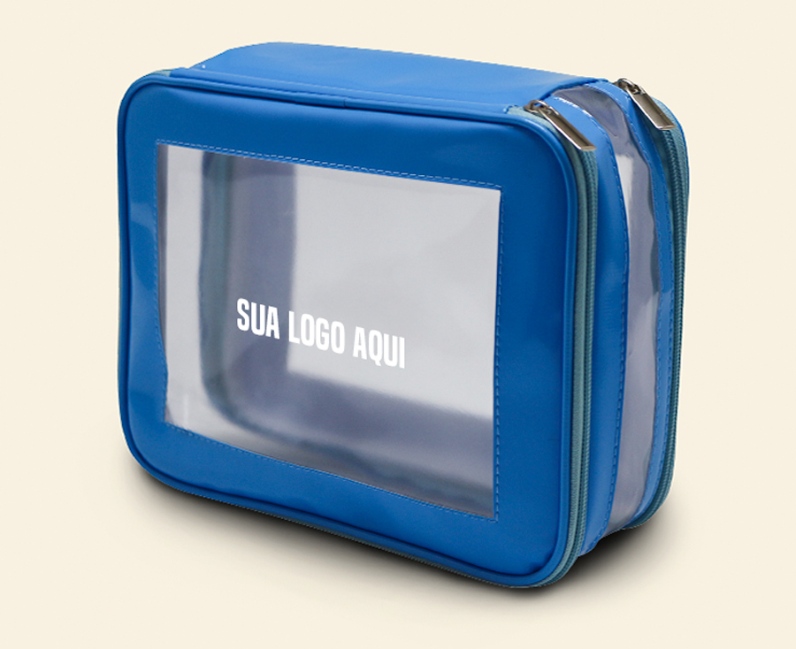 Necessaire azul retangular com visor transparente e dois zíperes