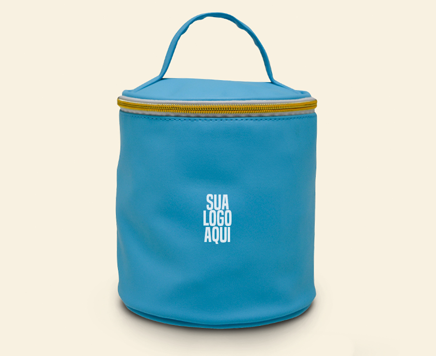 Necessaire azul redonda com alça superior e zíper amarelo