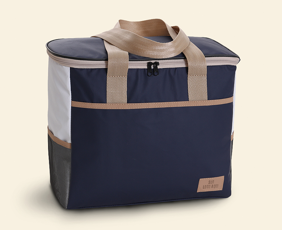 Bolsa térmica azul marinho com alças bege