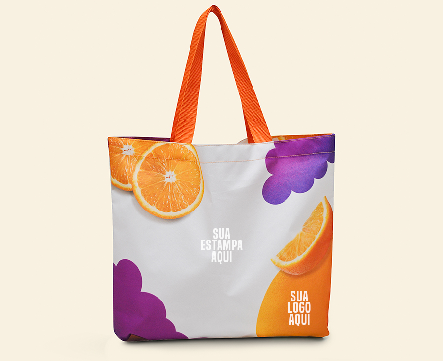 Sacola promocional estampada com frutas, alça laranja
