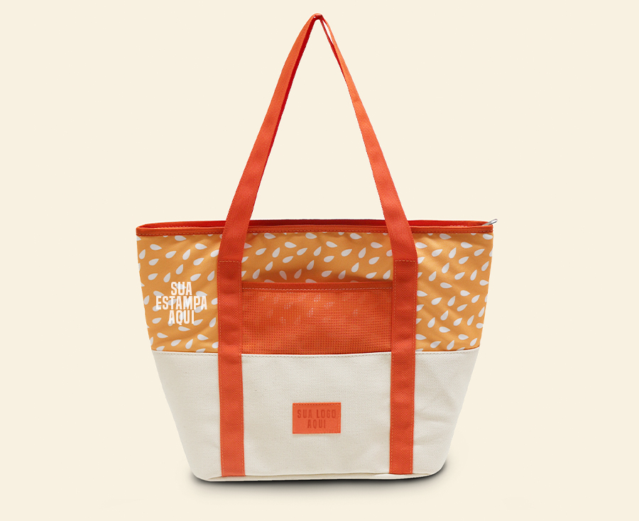 Sacola laranja estampada personalizada com bolso frontal