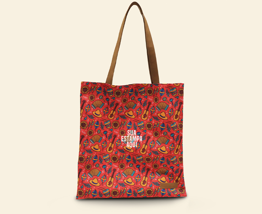 Sacola personalizada vermelha estampada com alça marrom