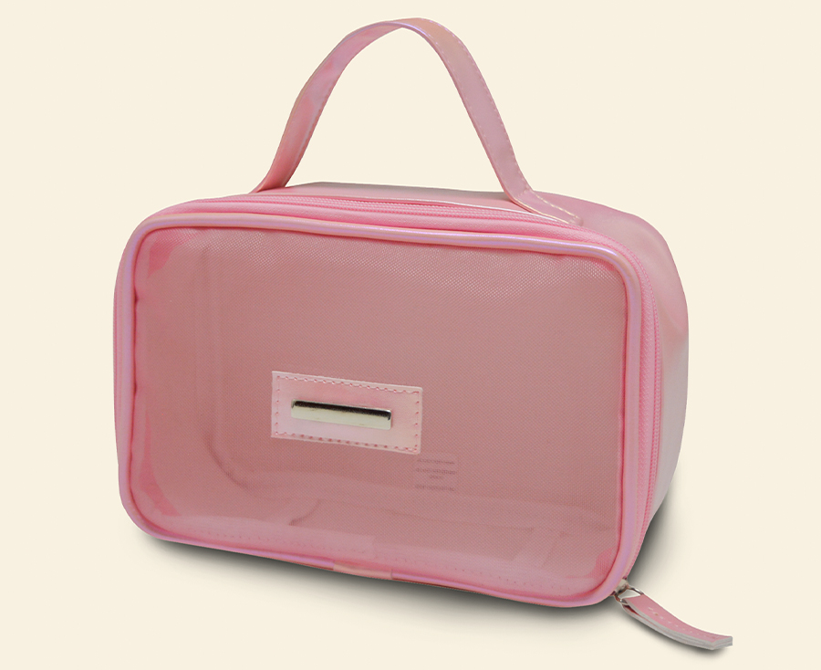 Necessaire rosa com alça superior, visor e zíper
