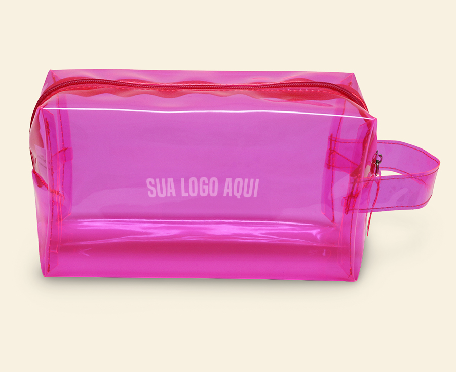 Necessaire transparente rosa com alça lateral