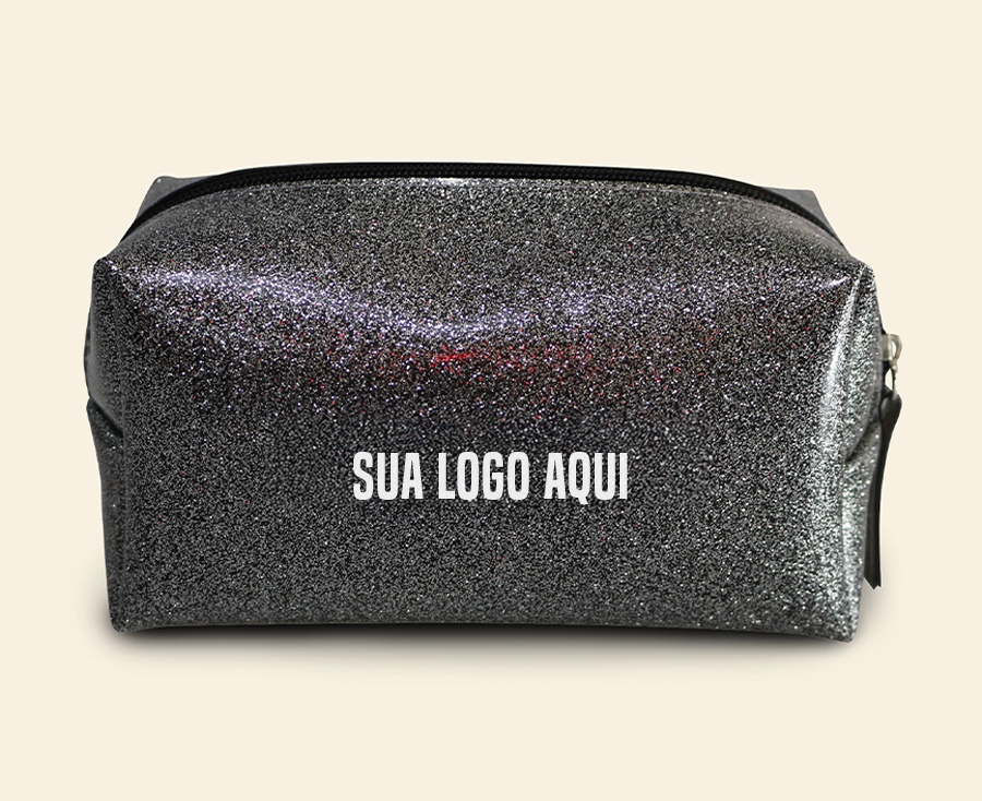 Necessaire preta brilhante com glitter personalizado