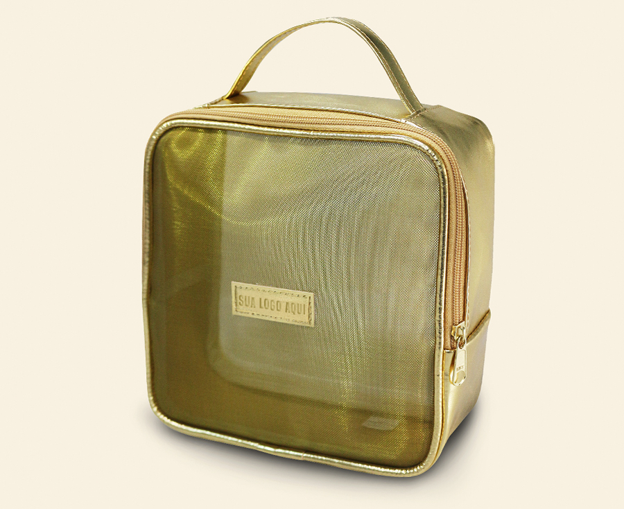 Necessaire dourada quadrada com visor transparente