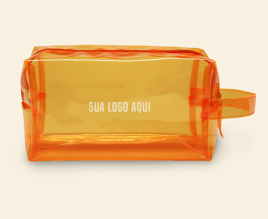 Necessaire laranja transparente com zíper e alça lateral personalizada