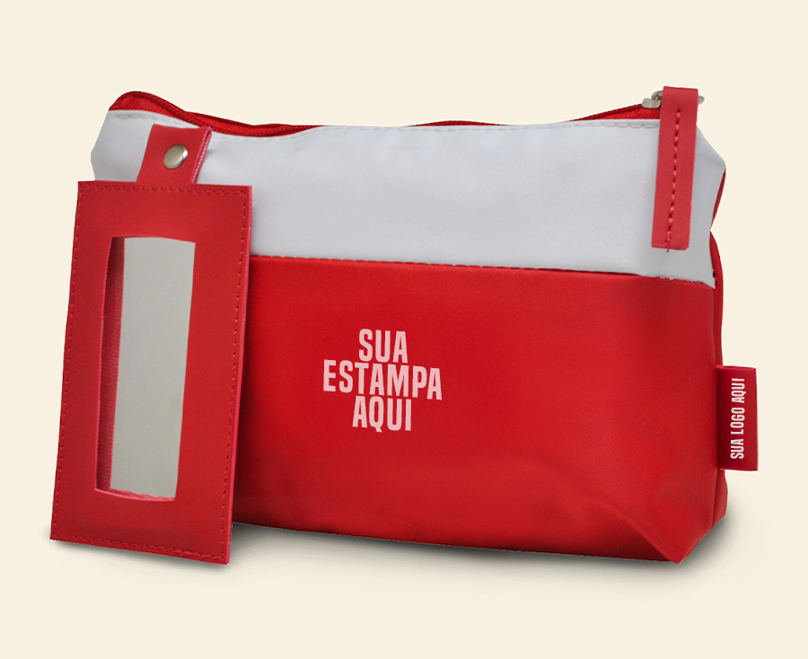 Necessaire personalizada bicolor vermelha e branca com espelho lateral