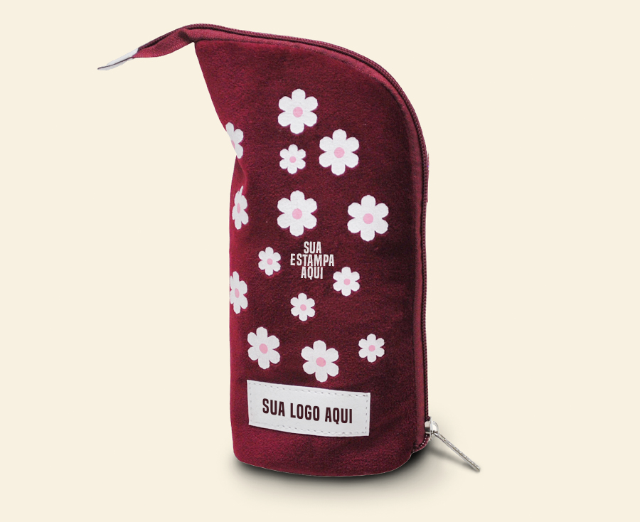 Necessaire personalizada vertical vinho com estampa floral branca