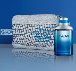 Perfume Kaiak azul com necessaire cinza personalizada Natura