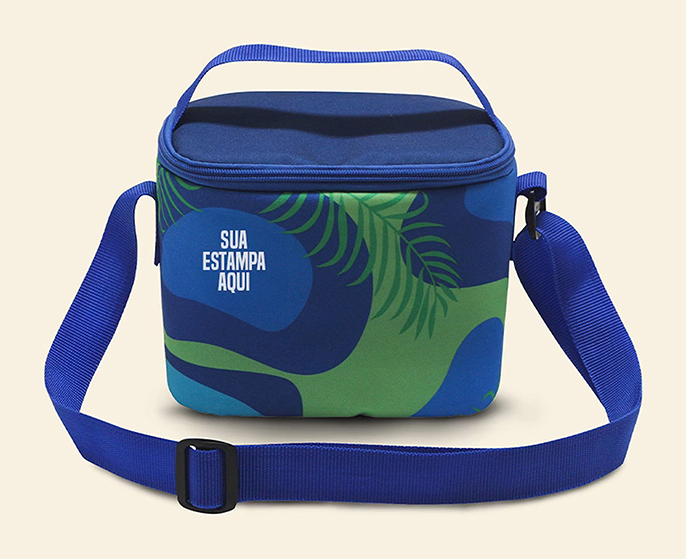 Bolsa térmica personalizável com estampa azul e verde e alça regulável