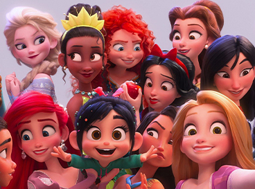 Princesas da Disney reunidas em uma cena alegre e colorida.
