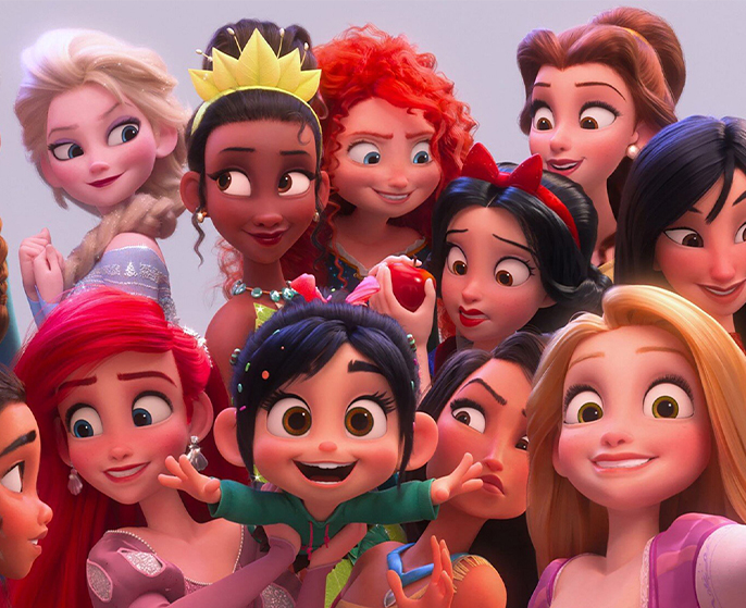 Princesas da Disney reunidas em uma cena alegre e colorida.