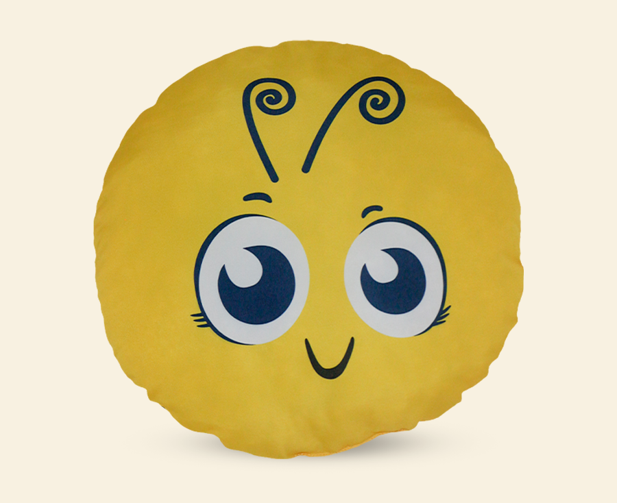 Almofada decorativa redonda amarela com estampa de rostinho sorridente estilo emoji