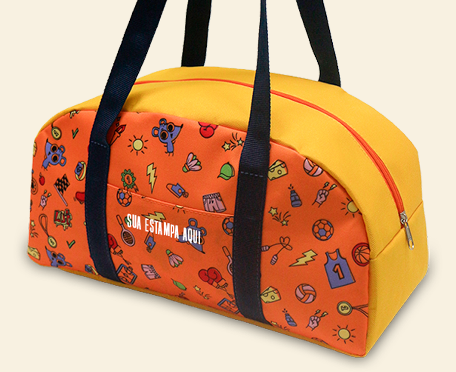 Bolsa personalizada colorida com estampa divertida, bolso frontal e alças longas para transporte