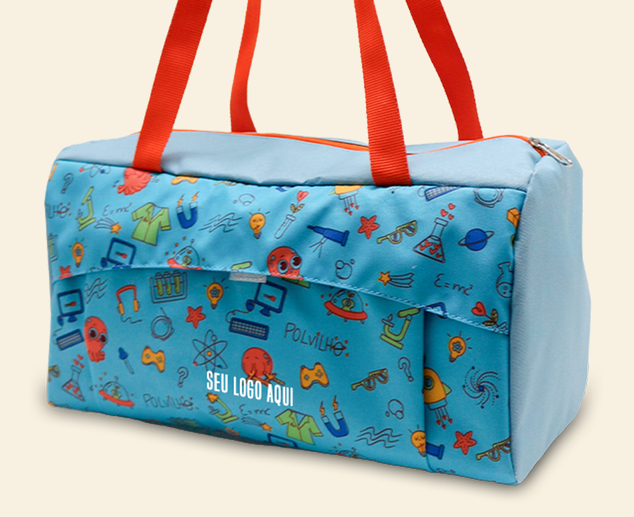 Bolsa personalizada com estampa divertida, alças longas vermelhas e bolso frontal para personalização