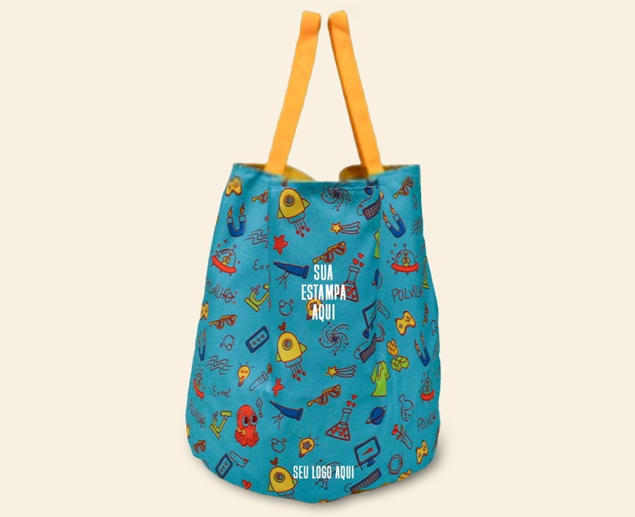 Bolsa saco personalizada com estampa divertida, alças de mão e área para aplicação de logo