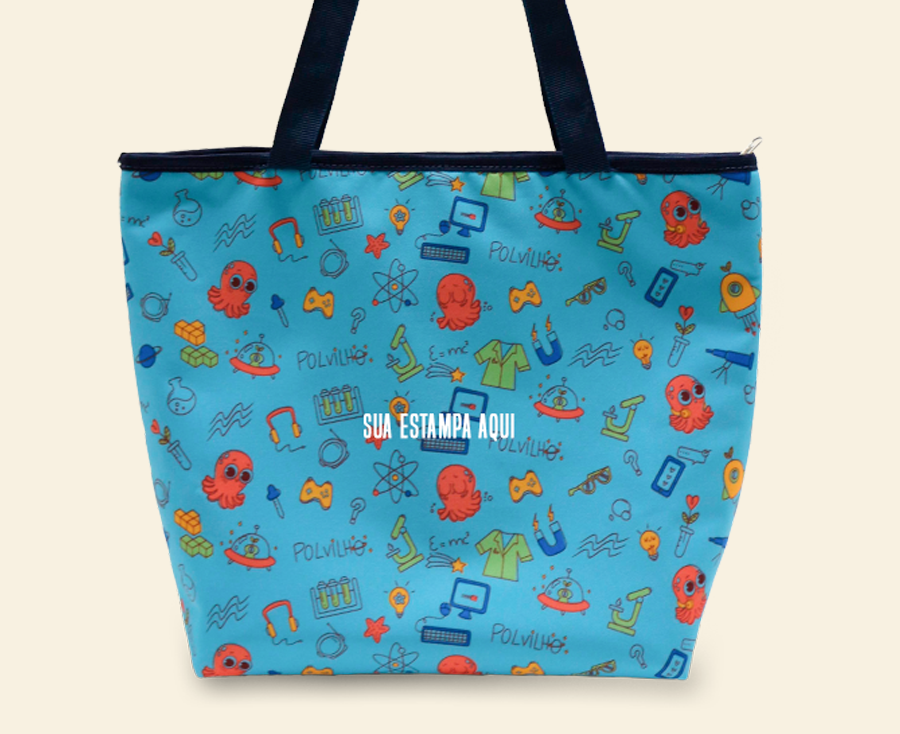 Bolsa infantil personalizada tipo sacola com estampa divertida, alças longas pretas e área para aplicação de logo