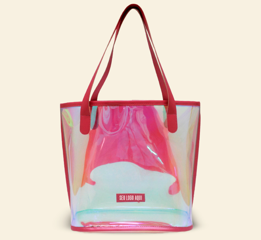 Sacola personalizada holográfica com acabamento e alças vermelhas.