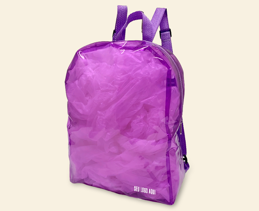 Mochila infantil personalizada transparente roxa com alças ajustáveis e área frontal para aplicação de logo