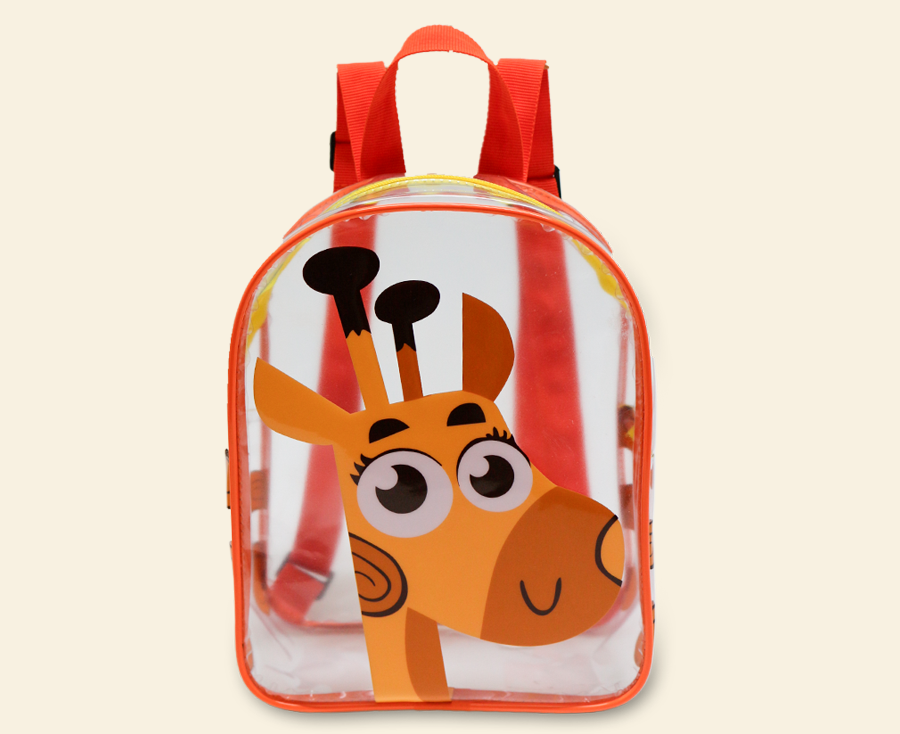 Mochila infantil personalizada transparente com estampa de girafa, alças ajustáveis e design leve