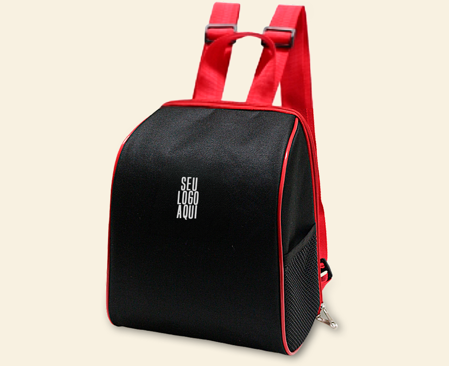 Bolsa térmica infantil personalizada tipo mochila com alças ajustáveis, bolso lateral em tela e área frontal para aplicação de logo