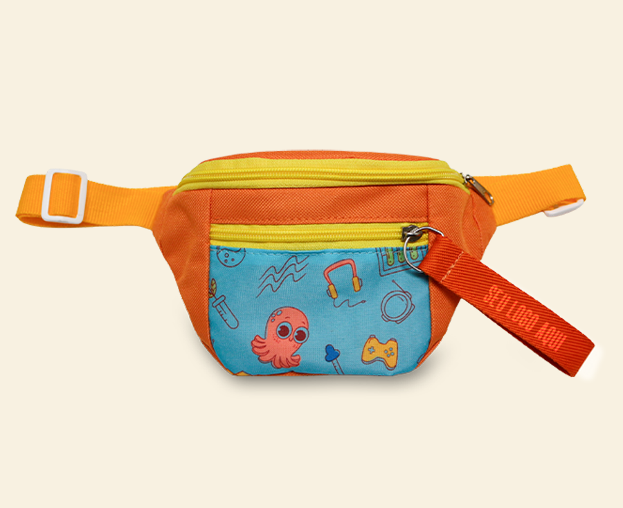 Pochete infantil personalizada com estampa divertida, bolso frontal com zíper e alça ajustável para cintura