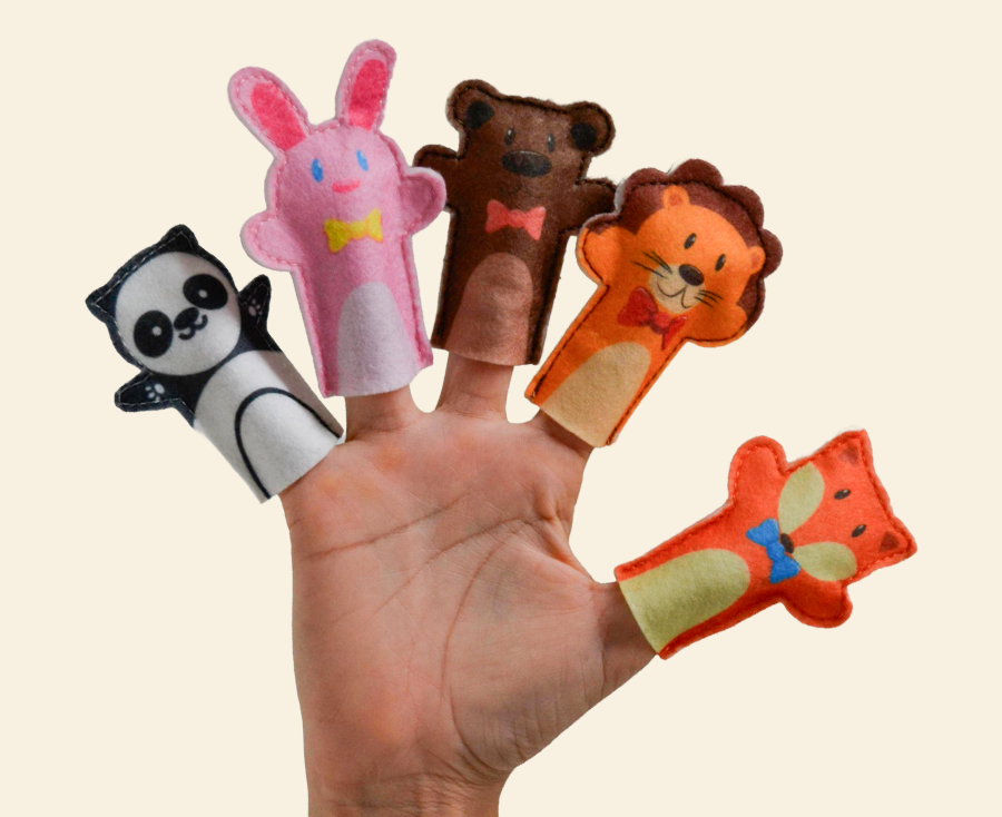 Fantoches infantis de dedo em feltro com formato de animais, ideais para brincadeiras educativas e atividades lúdicas