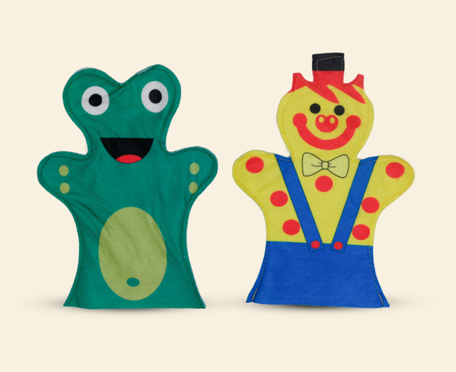 Fantoches infantis de mão em feltro com formatos divertidos, ideais para brincadeiras educativas e atividades lúdicas