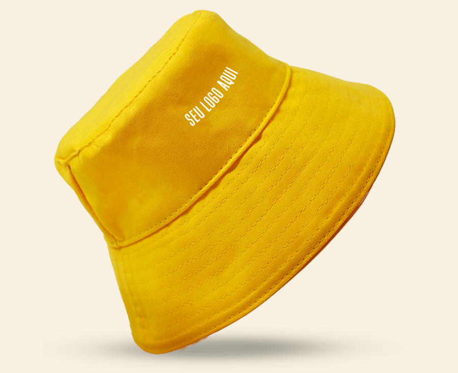 Chapéu bucket infantil personalizado amarelo com aba larga e área frontal para aplicação de logo