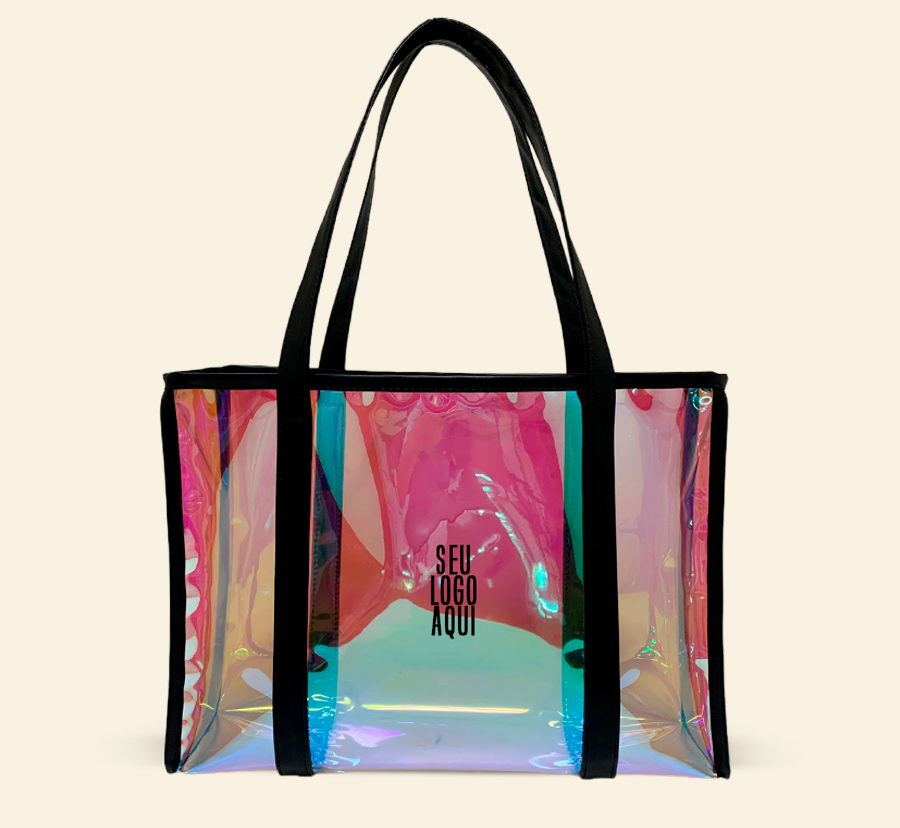 Sacola personalizada holográfica com acabamento preto e alças longas.