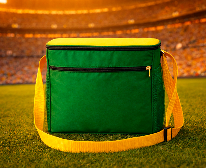 bolsa térmica verde com alça amarela sobre gramado de futebol