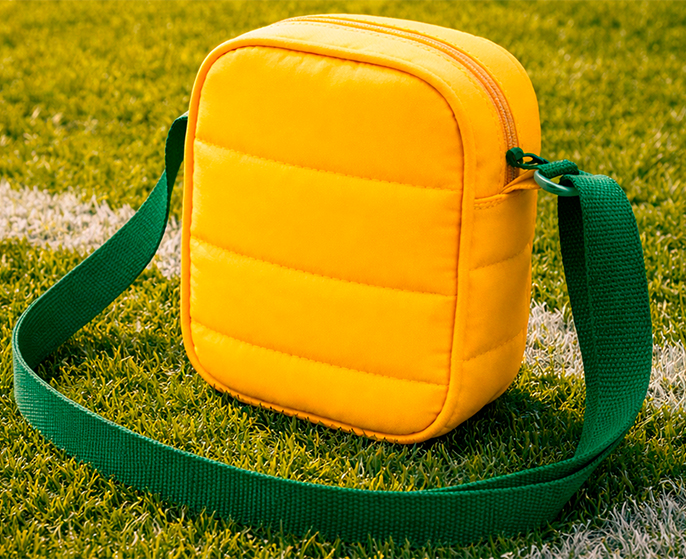 Shoulder bag puffer amarela com alça verde sobre gramado de futebol