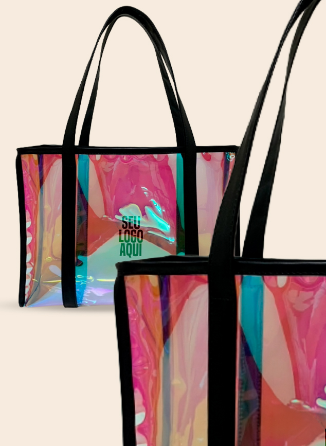 Bolsa tote holográfica transparente com acabamento preto, alças longas e aplicação frontal