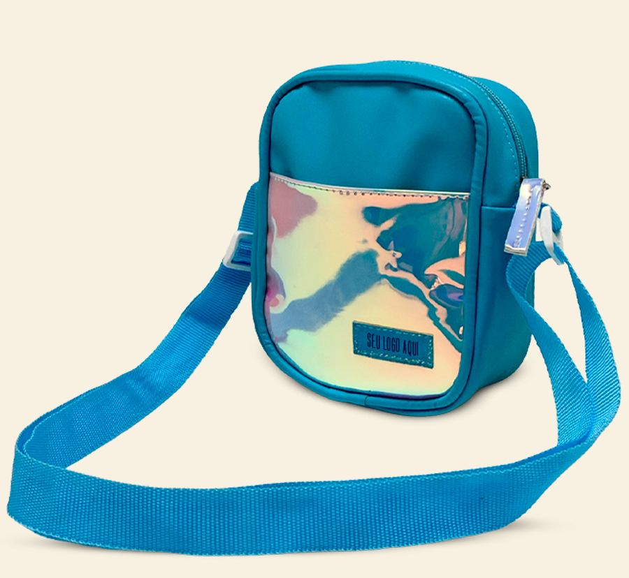 Shoulder bag personalizada azul com bolso frontal holográfico