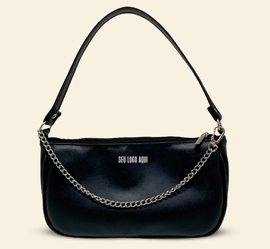 Shoulder bag personalizada preta com alça e corrente metálica