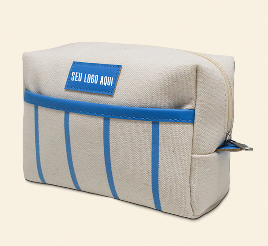 Nécessaire bege com detalhes azuis